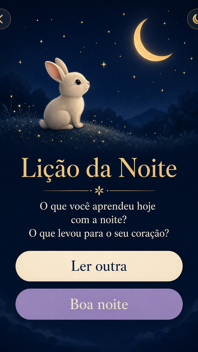 Tela do app Ninnar: Lição da Noite, com o coelhinho olhando a lua e os botões Ler outra e Boa noite