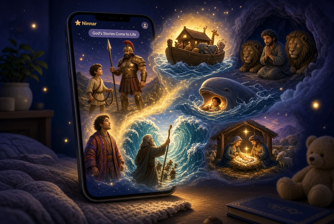 Ilustração bíblica: cenas da Bíblia surgindo da tela do celular num quarto à noite