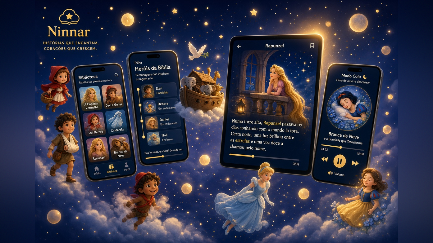 Mockup do Ninnar: três celulares e um tablet flutuando no céu noturno, mostrando biblioteca, Trilha Heróis da Bíblia, leitura e o player do Modo Colo