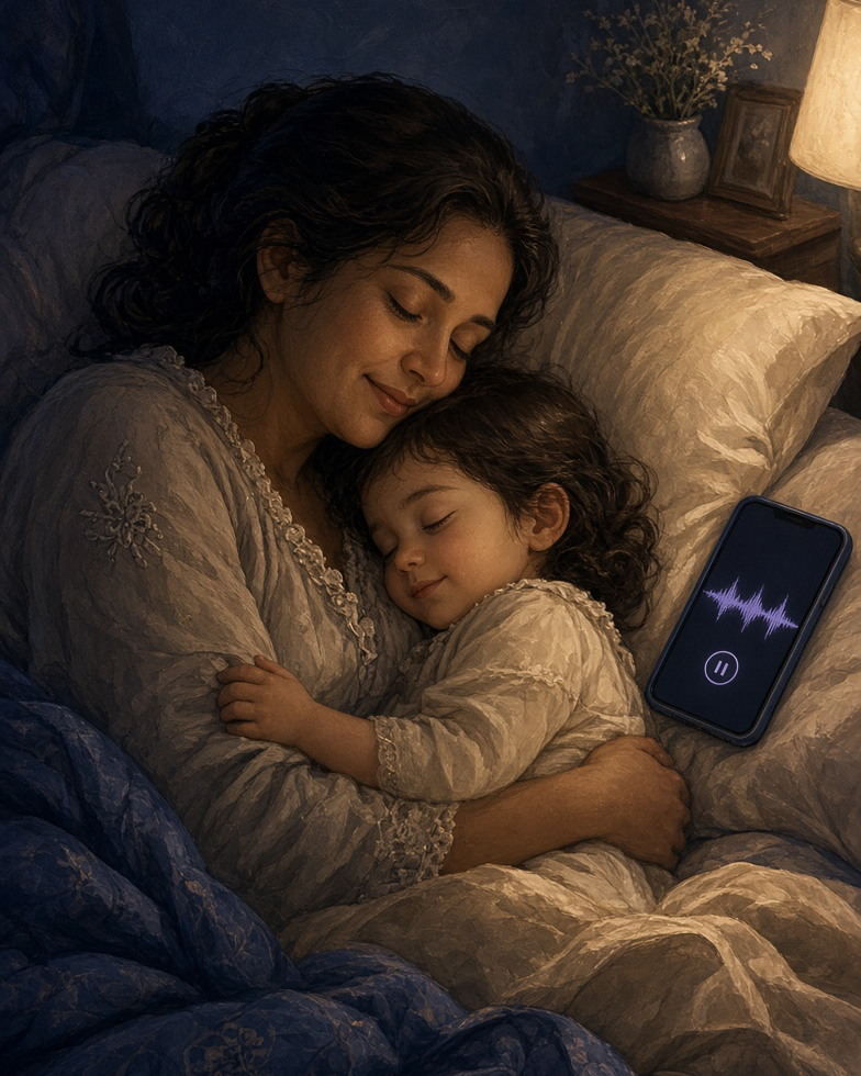 Mãe abraçada à filha adormecida na cama, com o celular ao lado mostrando a onda de áudio e o botão de pausa